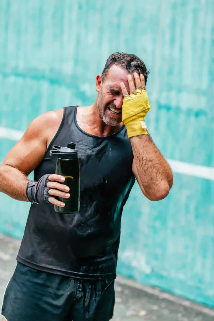 Homem após exercício físico demonstrando fadiga e cansaço, segurando uma garrafa de água, vestindo roupa esportiva e luvas de treino, em fundo de academia.