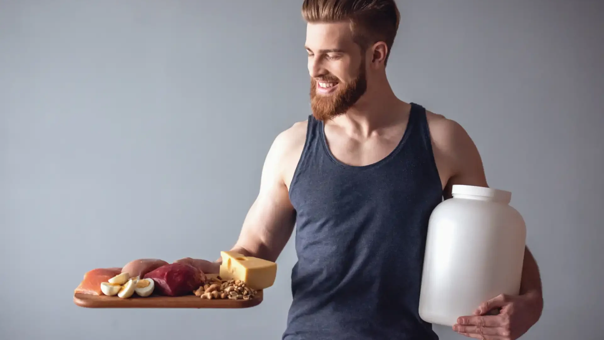 Homem sorridente segurando uma tábua com carne, ovos, queijo e castanhas, além de um pote grande, promovendo uma alimentação saudável e proteínas.