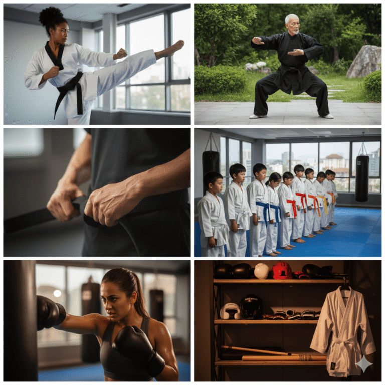 Uma coleção de imagens relacionadas a artes marciais, incluindo uma mulher praticando karatê, um mestre de kung fu, crianças em treino de karatê, uma mulher treinando com saco de pancadas e o interior de um dojo com equipamentos de artes marciais.