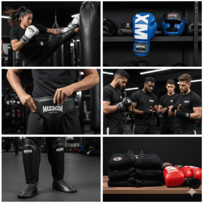 Imagem de equipamentos de boxe e uma mulher treinando em uma academia de luta livre, incluindo luvas, saco de pancadas, e outros acessórios.