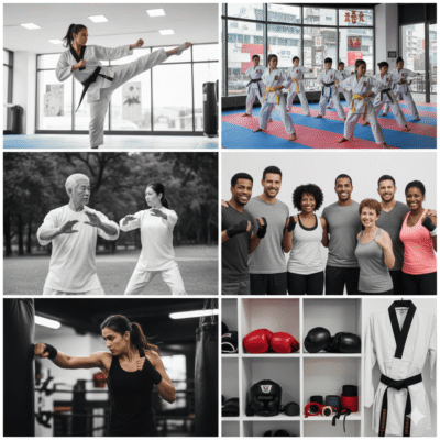 Diversas atividades de artes marciais, incluindo aulas de judô, treinamento de karatê, sessões de fitness e prática de taekwondo, promovendo saúde e disciplina.