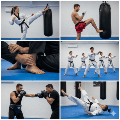 Diversos atletas praticando artes marciais e treinamentos de boxe, incluindo aulas de taekwondo, treino de chute, luta de boxe e treinamento com saco de pancadas em academia de artes marciais