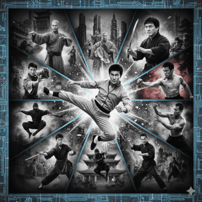 Imagem de artes marciais com diversos lutadores em ação em um cenário urbano e tradicional, destacando a prática de artes marciais.