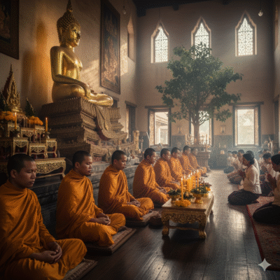 Monge budistas realizando oração diante de uma grande estátua de Buda dourada em um templo tradicional, com decoração rica e janelas com vitrais, símbolo de espiritualidade e meditação.