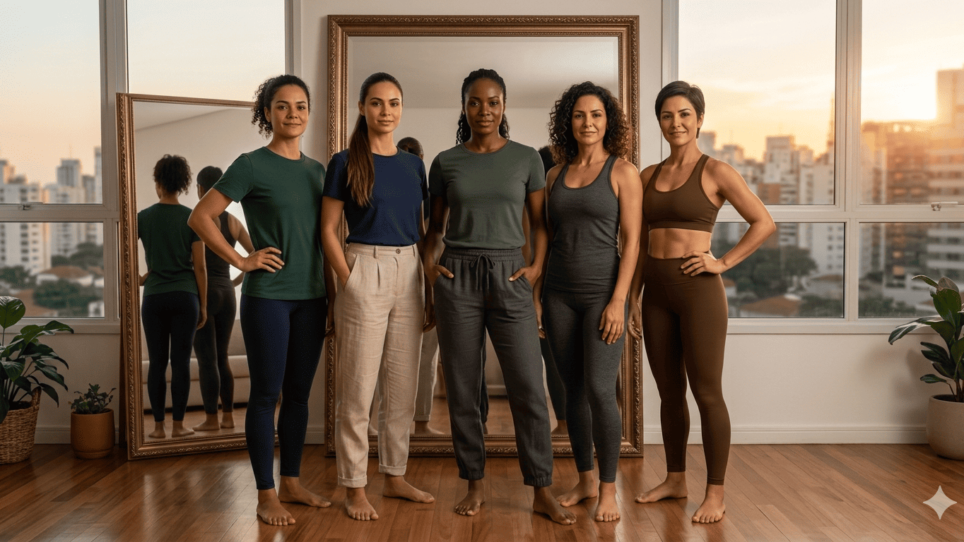 Mulheres em grupo com vista para a cidade ao pôr do sol, promovendo bem-estar e saúde. Ambiente acolhedor e motivador.