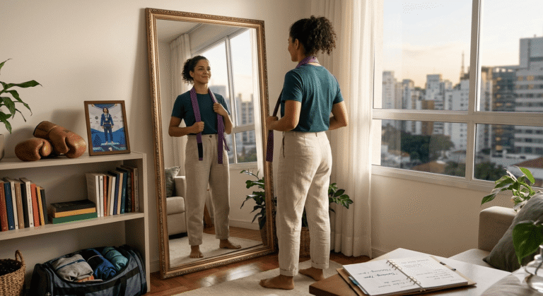 Mulher fazendo vestimenta em frente a espelho, refletindo sua imagem, no ambiente de um apartamento com vista para a cidade, cercada por plantas e livros, demonstrando seu estilo de vida moderno.