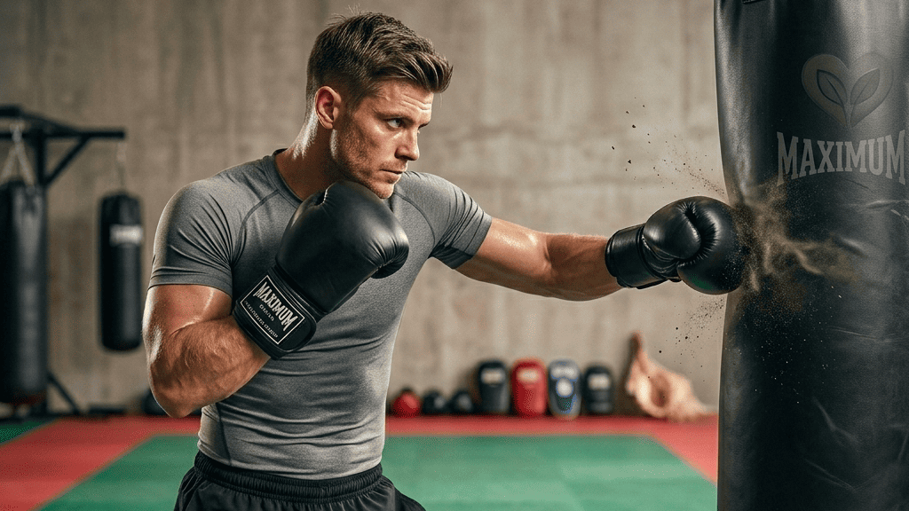 Homem treinando boxe na academia, praticando golpes em um saco de pancadas com foco e força, usando luvas de boxe.