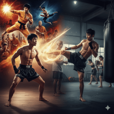 Cena de artes marciais com dois jovens treinando artes marciais em uma academia, com efeitos de energia e elementos tradicionais.