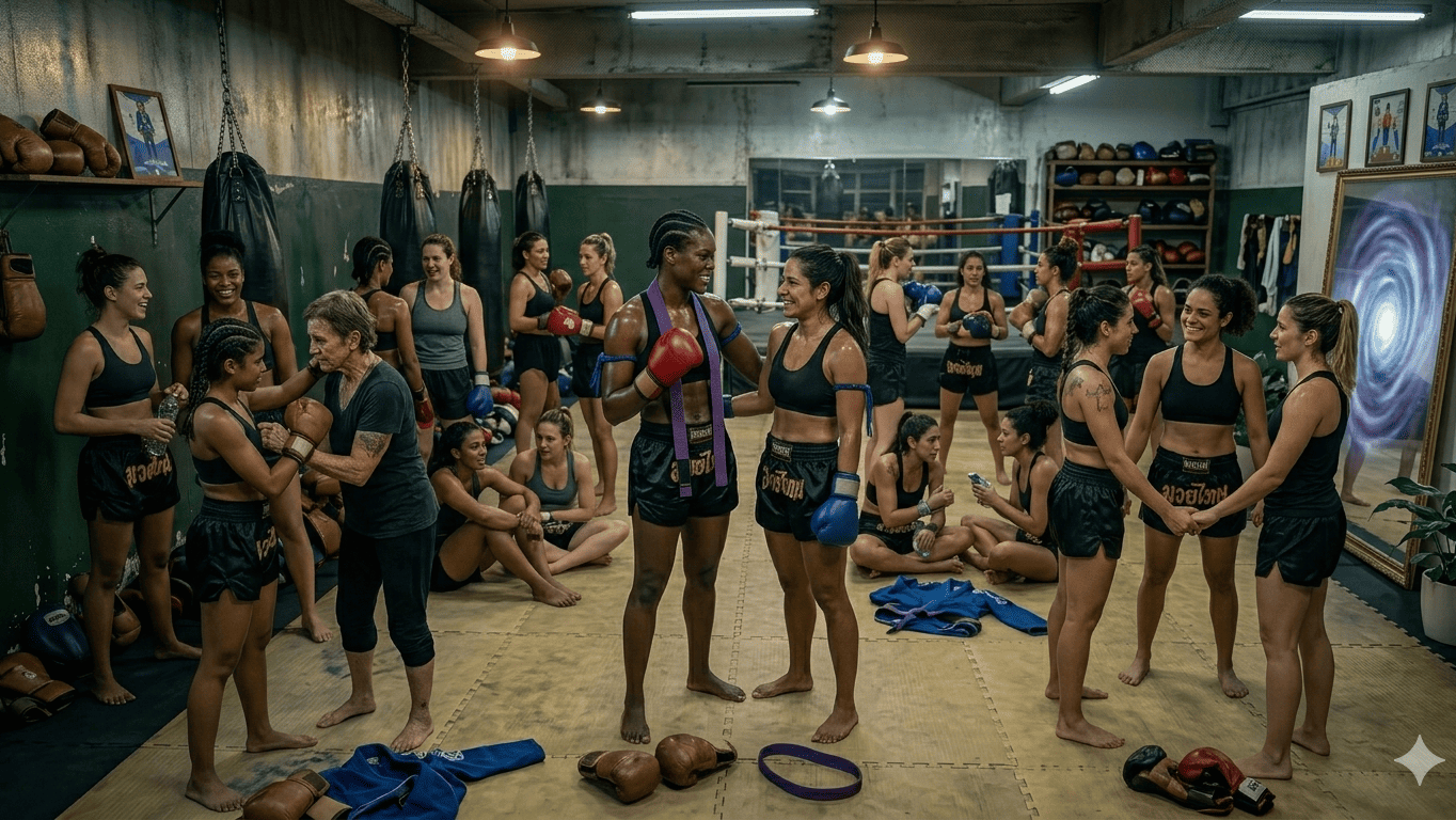 Grupo de mulheres lutadoras de boxe conversando e se preparando na academia, algumas treinando com luvas e bolsas, em ambiente de treino com espelhos e equipamentos.