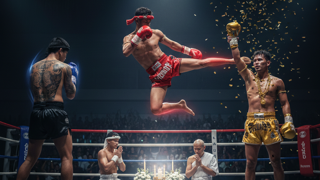 Luta de muay thai entre dois lutadores no ringue, com um deles executando um chute voador na cabeça do adversário, enquanto outros personagens assistem em postura de oração, ao fundo há iluminação dramática e confetes.