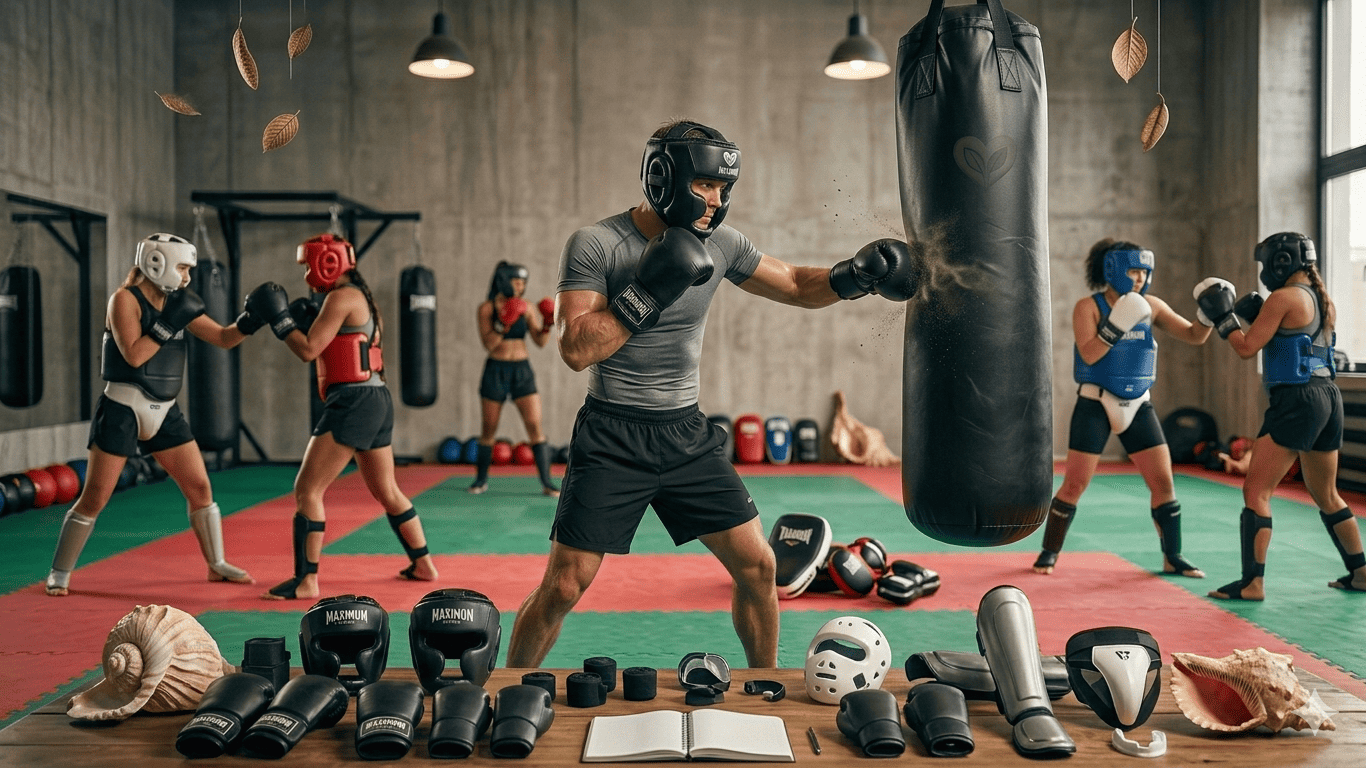 Homem treinando boxe com saco de pancadas em academia, acompanhado por crianças e adolescentes em aula de boxe, com equipamentos de proteção e peso de demonstração na frente.