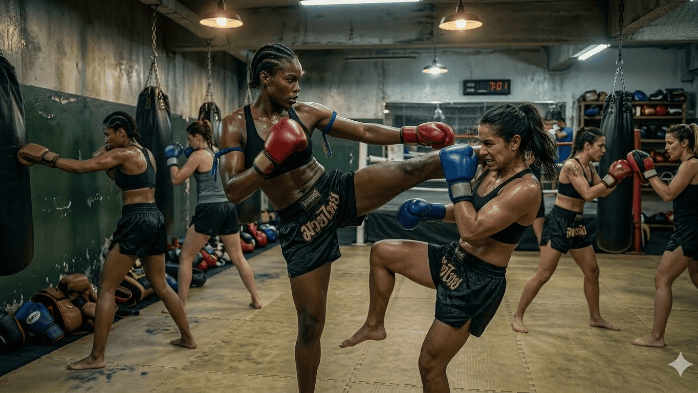 Mulheres praticando boxe em uma academia, treinando técnicas de combate com foco e determinação. Ambiente profissional de treinamento de artes marciais.