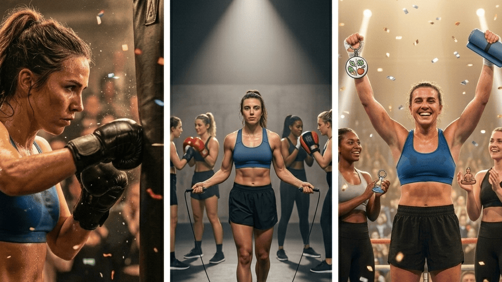 Mulheres fitness treinando e comemorando resultados em diferentes ambientes de academia e ringue de boxe, mostrando força, determinação e conquistas no esporte.