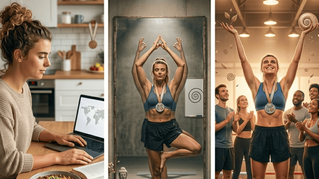 Mulher praticando yoga e meditação para saúde física e mental, com diferentes cenas de atividades relaxantes, esportivas e de bem-estar.