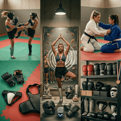 Mulheres praticando artes marciais, boxing e meditação, com equipamentos de treino e cenário de dojo para fitness e autodefesa.