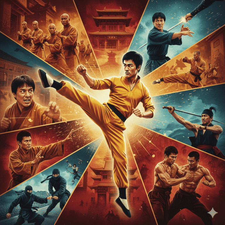 Imagem de ação inspirada em artes marciais, mostrando lutadores em diferentes estilos e disciplinas, com fundo de templos tradicionais e elementos culturais.