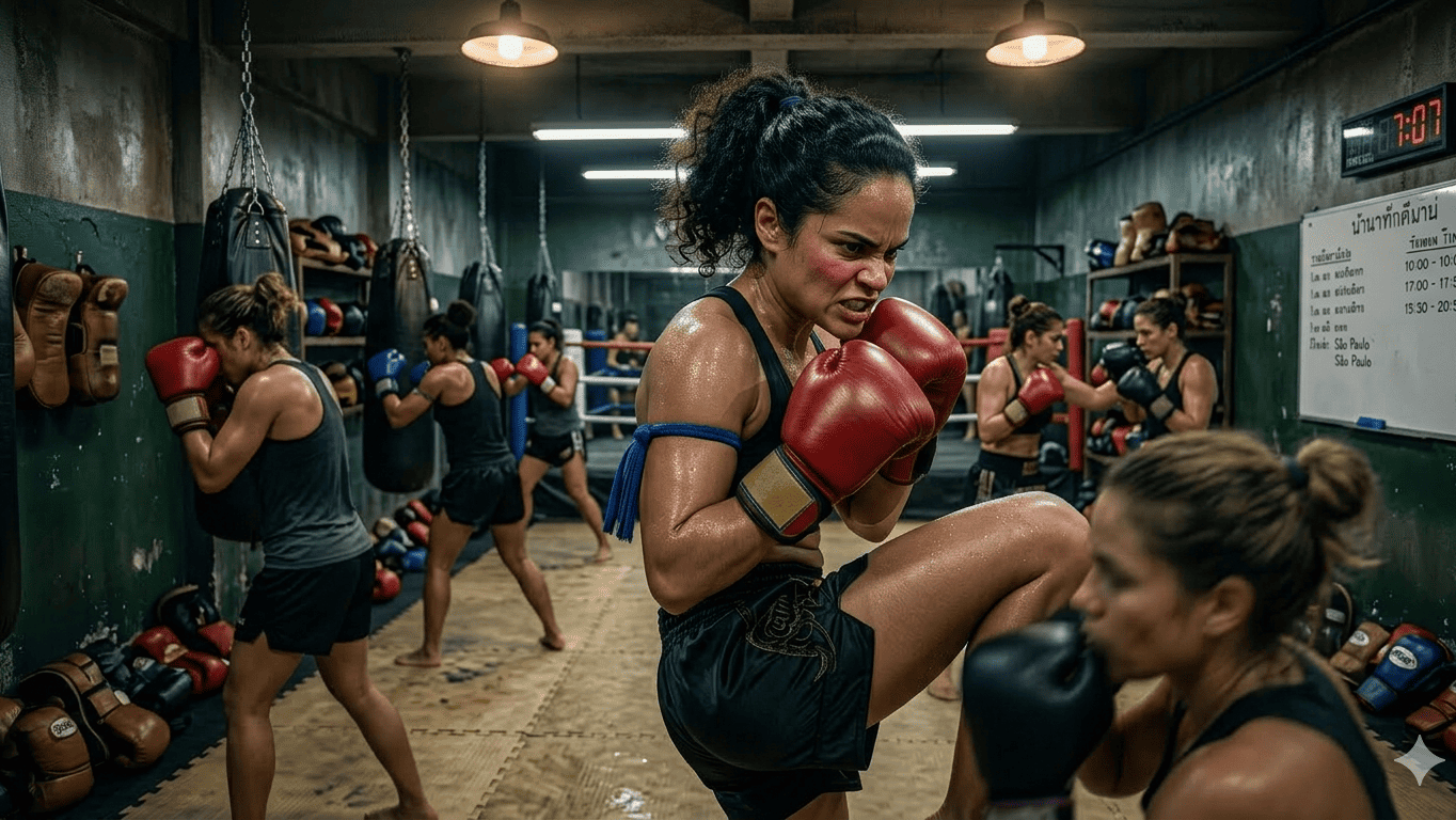 Grupo de mulheres treinando boxe no ringue de uma academia, focadas e em movimento durante aula de boxe feminino.