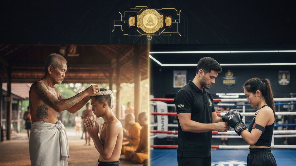 Imagem que mostra duas versões de um mesmo momento, uma com um jovem praticante de artes marciais recebendo uma bênção de um mestre mais velho, e a outra com um treinador treinando uma jovem lutadora em uma quadra, destacando a importância do respeito às tradições e do treinamento esportivo.