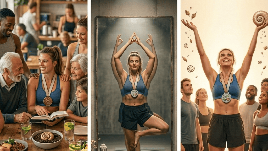 Imagem composta por três cenas: uma convivência entre amigos, uma mulher praticando meditação estilo yoga e uma mulher comemorando uma conquista com uma medalha, simbolizando bem-estar, saúde, e bastante energia positiva.