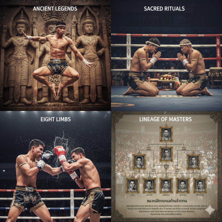 Imagem de luta de boxe tradicional com atletas praticando Muay Thai, destacando técnicas ancestrais e rituais sagrados, mostrando a linhagem dos mestres e as habilidades das oito extremidades do corpo.