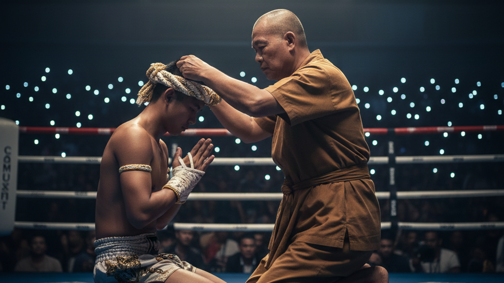 Cena de Muay Thai com um lutador se ajoelhando em respeito enquanto um treinador toca sua cabeça em um ringue de artes marciais.