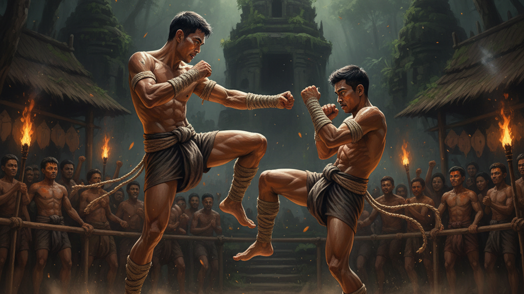 Cena de luta de dois guerreiros tatuados em luta marcial tradicional, com público ao redor, em cenário de floresta e templos históricos.