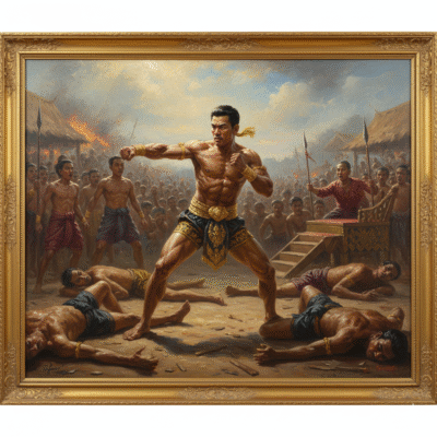 Reprodução de uma pintura retratando um lutador em uma luta de Muay Thai, com um público ao fundo, em um cenário histórico e dramático.