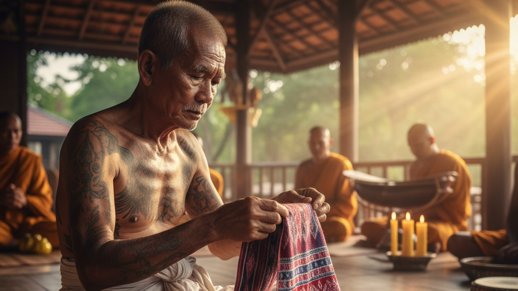 Homem mais velho sentado no chão de uma sala de templo budista, tecendo um tecido colorido, com outros monges ao fundo, enquanto o sol brilha através das janelas, criando uma atmosfera de tranquilidade e tradição na cultura budista.