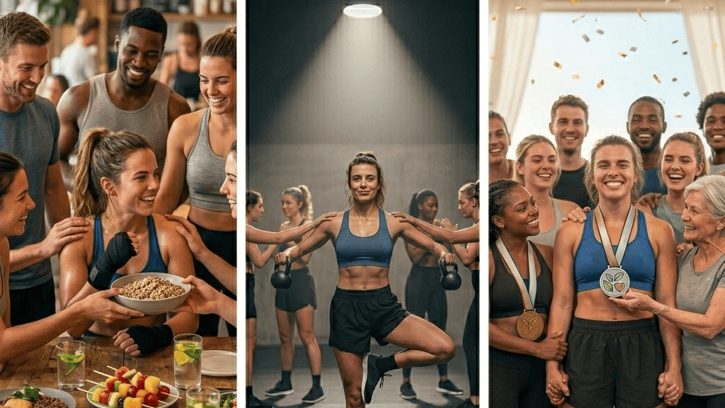 Grupo de pessoas praticando atividades físicas e celebrando conquistas, destacando uma mulher em posturas de Yoga, em ambiente de academia e social.