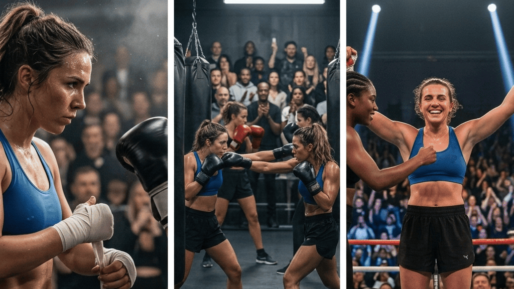 Imagem de uma mulher atleta treinando boxe e lutando em um ringue de boxe profissional, com uma plateia animada ao fundo. A cena mostra força, dedicação e espírito esportivo.