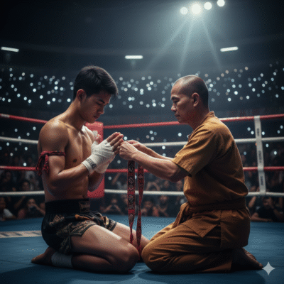Lutador de boxe no ringue recebendo uma medalha de um treinador após uma luta, em uma arena lotada.