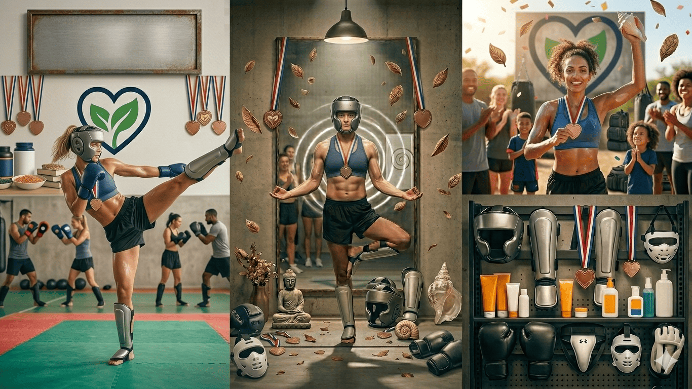 Três imagens de uma mulher praticando yoga, luta e sendo campeã simbolizando bem-estar no ambiente esportivo.