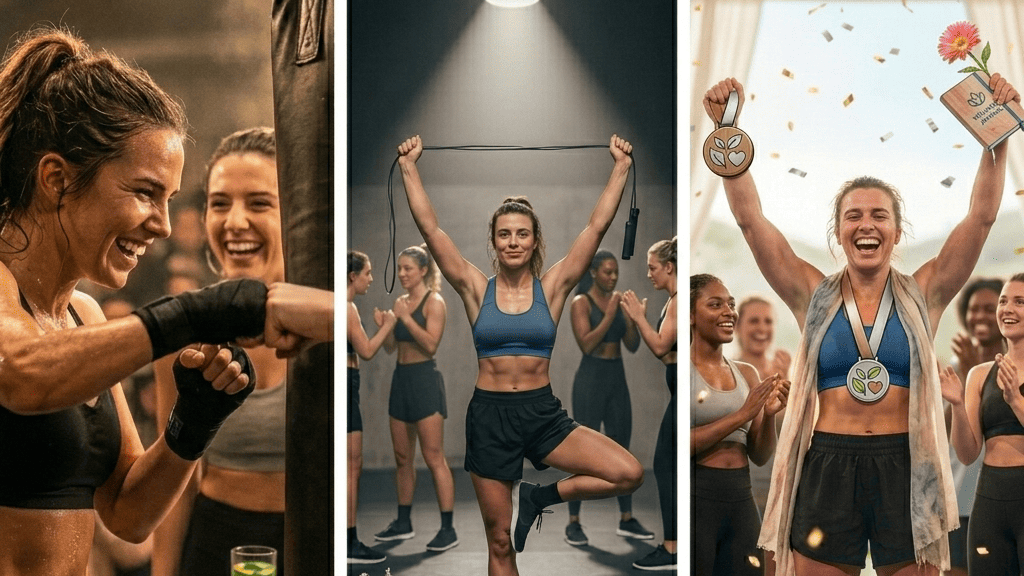 Imagem de uma mulher feliz recebendo uma medalha em um evento esportivo, rodeada de pessoas comemorando, representando conquista e bem-estar.