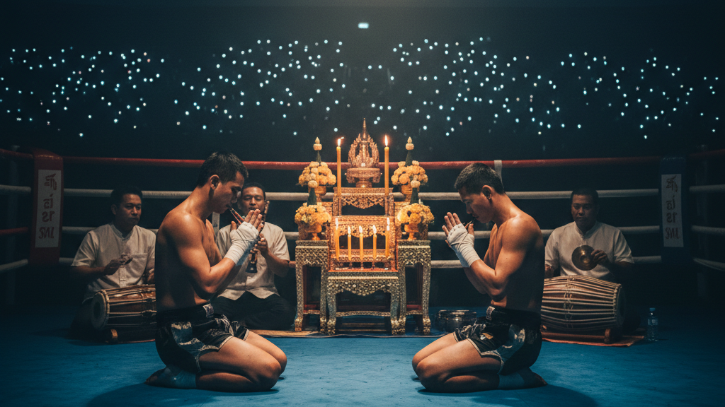 Duas pessoas de cabeça baixa e mãos juntas em oração diante de um altar decorado com flores, em um ambiente de luta, durante uma cerimônia espiritual.