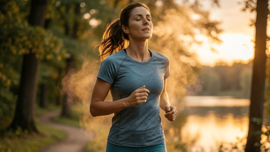 Mulher na natureza ao pôr do sol, praticando corrida ao ar livre em uma trilha perto de um rio com árvores ao redor, em exercício e bem-estar.