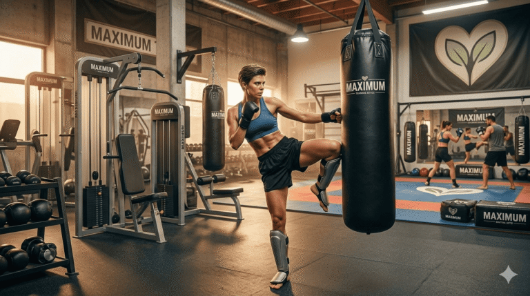 Mulher praticando treinamento funcional com chute na luva de boxe em academia moderna, focada em condicionamento físico e fortalecimento muscular.