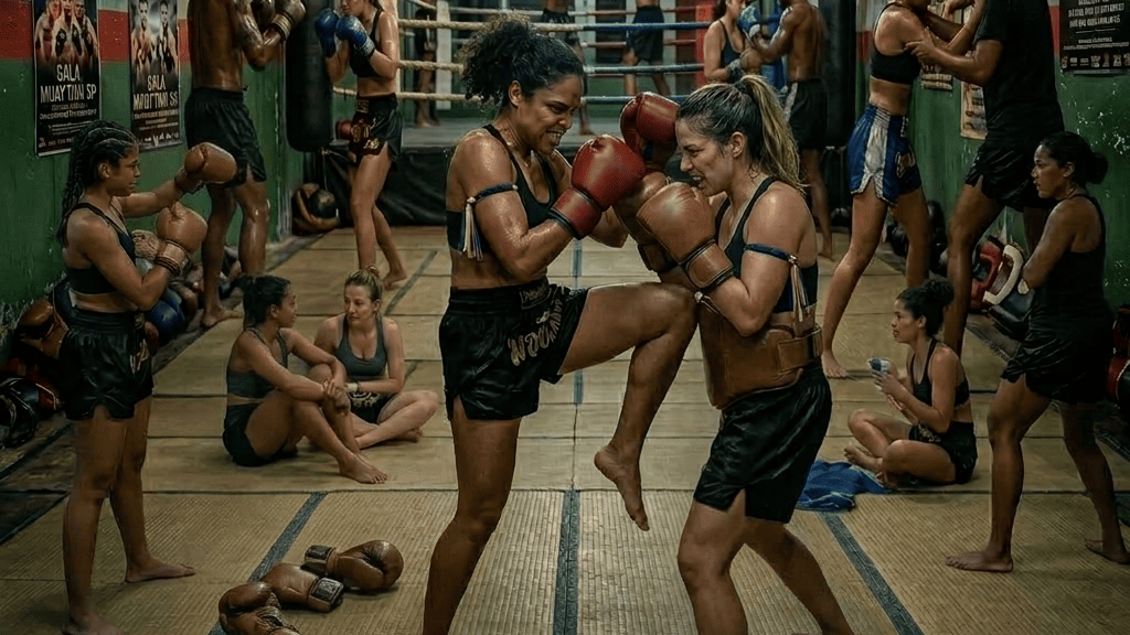 Mulheres praticando luta no treinamento dentro de uma academia de boxe, com várias pessoas treinando no ringue e aparelhos de musculação ao redor.