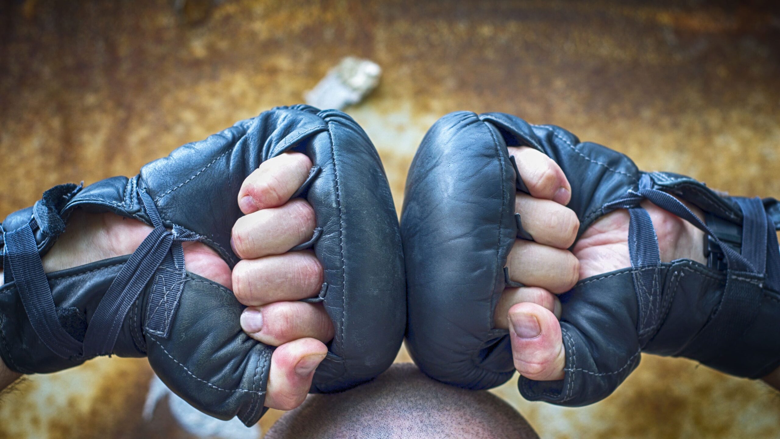 Dois punhos fechados usando luvas de boxe, com as mãos apontadas para a câmera em pose de confronto, em um ambiente externo desfocado